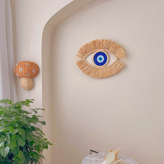 Moroccan Evil Eye Wall Hanging - Handwoven Raffia & Wood Bead Art Decor